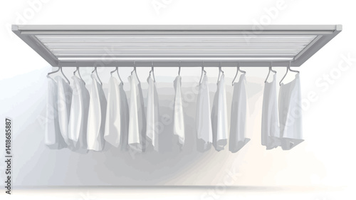 The image presents a digitally rendered, high-angle, close-up view of a rectangular ceiling-mounted clothes rail. The rail is light gray metallic and features a frosted translucent panel above it