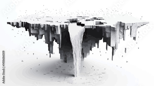 High-contrast monochrome image depicting a stylized cityscape rendered in a three-dimensional, cascading form. The image features a predominantly white background against which a grayscale,