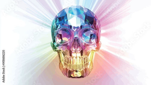 The image showcases a detailed rendering of a human skull, meticulously crafted to appear as if sculpted from a multifaceted gemstone.  The skull is predominantly rendered in iridescent hues