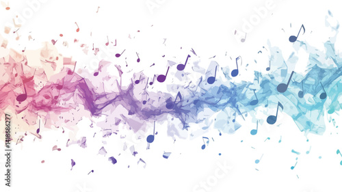 The image presents an abstract representation of music as a vibrant, flowing wave.  The wave is formed by a dynamic, swirling composition of pastel-colored translucent particles