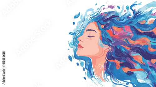 A stylized watercolor illustration depicting a woman's profile, her eyes closed in a peaceful expression.  Her hair is rendered with dynamic, flowing brushstrokes in shades of blue