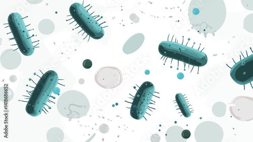 The image showcases a stylized illustration of numerous teal-colored, rod-shaped bacteria dispersed across a white background. The bacteria exhibit a slightly textured