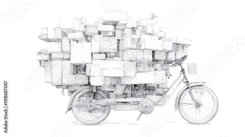 A monochromatic pencil sketch depicting a three-wheeled tricycle heavily laden with numerous packages and boxes of varying shapes and sizes. The vehicle appears to be overflowing with its cargo