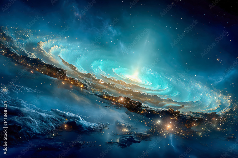 Fototapeta premium Surreal cosmic landscape with swirling clouds and bright stars.