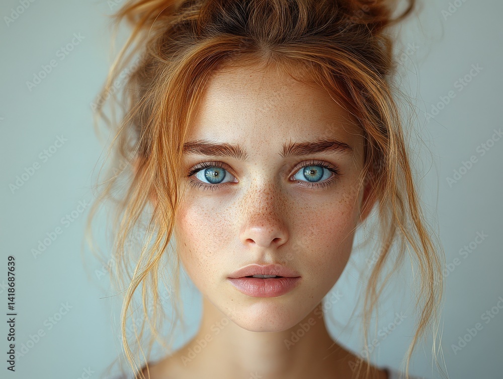 Close-up portrait of a young woman with vibrant red hair and striking blue eyes. Freckles adorn her fair skin Close-up portrait of a young woman with vibrant red hair and striking blue eyes. Freckles adorn her fair skin