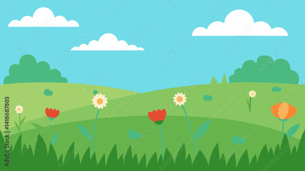 Fototapeta premium Open Green Meadow with Flowers in Full Bloom