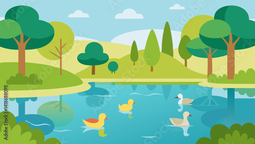 Lake in the Park with Ducks Floating Calmly