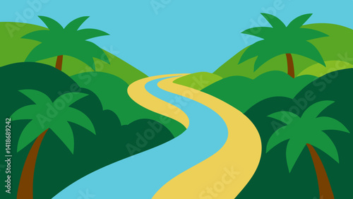 Jungle River Scene Through Lush Tropical Forest