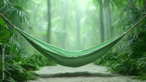Fototapeta Naklejka Na Ścianę i Meble -  Relaxing hammock experience in lush tropical jungle serene nature scene peaceful retreat