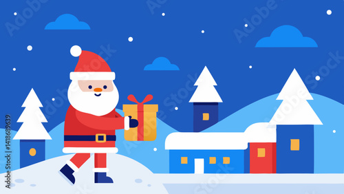 Festive Santa Distributing Presents in Winter Village