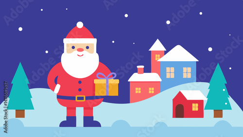 Christmas Delivery by Santa Through Snowy Village