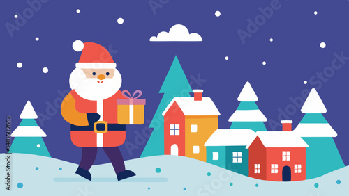 Santa Delivering Gifts in Snow Covered Village