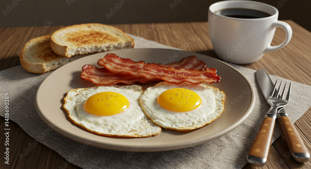 Fried eggs and bacon with warm lighting Fried eggs and bacon with warm lighting
