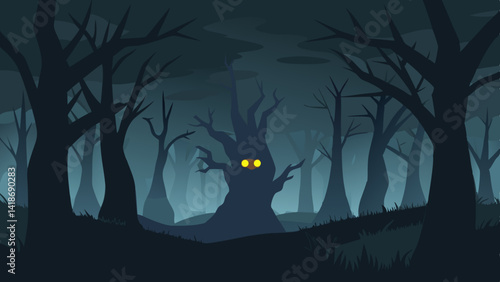 Nighttime Haunted Forest Illustration with Eyes