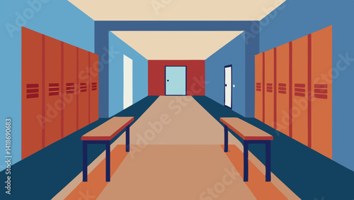 Bright School Hallway with Lockers and Benches