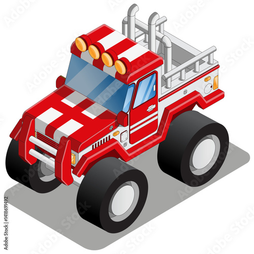 Funny monster truck. Isometric. Isolated on white background. Vector illustration.