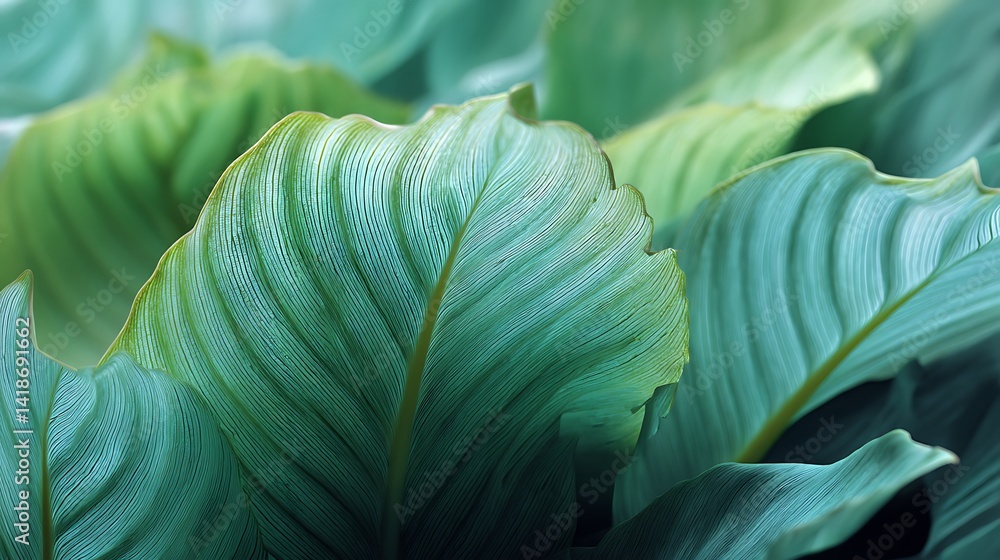 Obraz premium Lush green leaves close-up. Intricate leaf veins. Vibrant colors