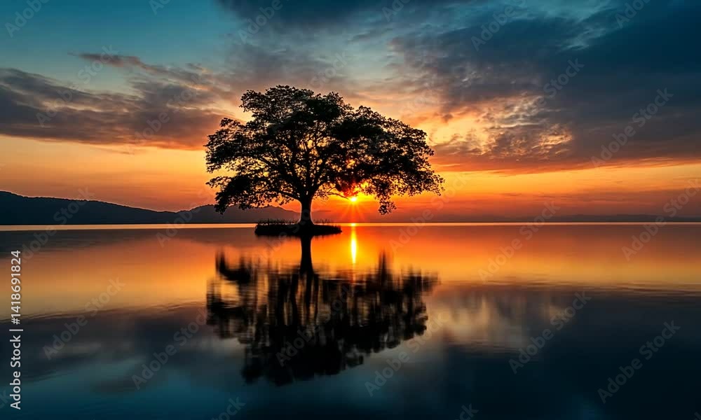 Serene sunset over a tranquil lake with a solitary tree reflecting in the water Serene sunset over a tranquil lake with a solitary tree reflecting in the water
