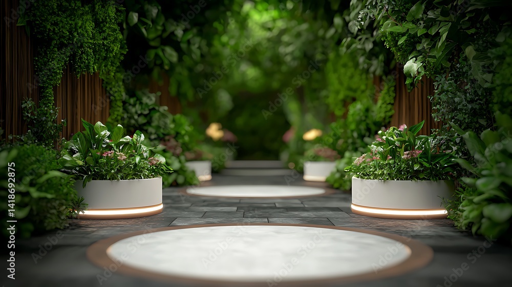 Lush garden pathway with vibrant flowers and greenery, inviting tranquility in a serene setting Lush garden pathway with vibrant flowers and greenery, inviting tranquility in a serene setting