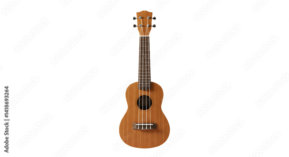 Fototapeta premium A beautifully crafted wooden ukulele stands upright against a plain background, showcasing its elegant design and craftsmanship
