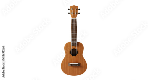 A beautifully crafted wooden ukulele stands upright against a plain background, showcasing its elegant design and craftsmanship