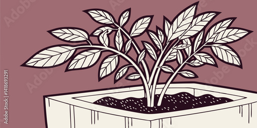 Plant in concrete planter isolated on dark purple background vector illustration.
