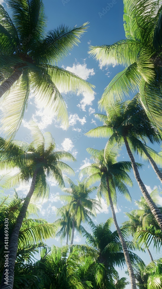 Lush Green Palm Trees Against Blue Sky with Clouds in Tropical Landscape Lush Green Palm Trees Against Blue Sky with Clouds in Tropical Landscape