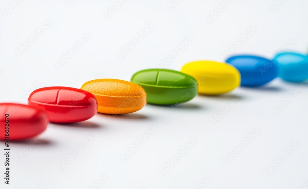 Colorful Oval Pills in a Row on White Background Colorful Oval Pills in a Row on White Background