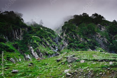Photography Pristine waterfall in monsoon season in the Himalayas mountain during a trek in