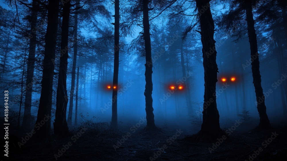 Fototapeta premium Mysterious Forest at Night: Eerie Glowing Eyes in the Dark Woods