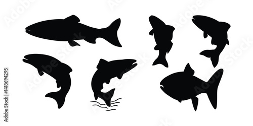 salmon fish black silhouette collection.