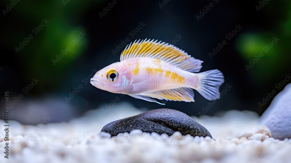 Obraz premium A vibrant colorful fish swimming gracefully over smooth pebbles in a clear freshwater aquarium, close-up shot with soft focus background, and aquatic life concept.
