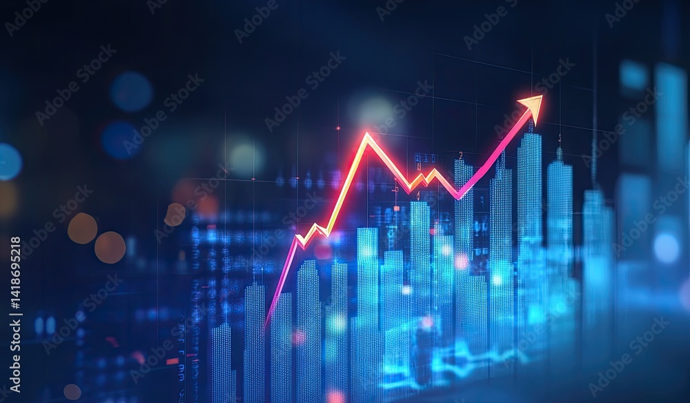 Upward trending graph over city skyline at night. Upward trending graph over city skyline at night.