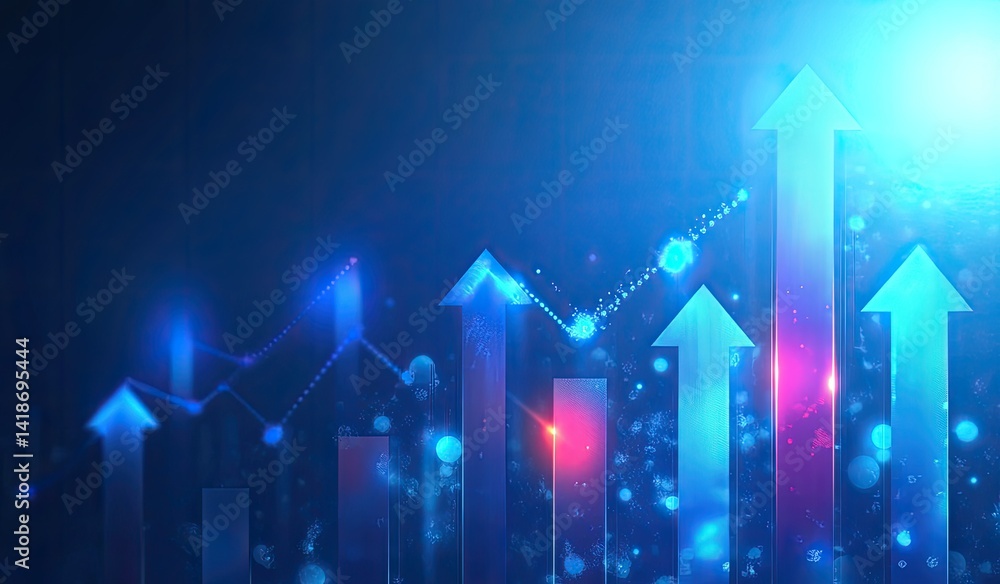 Abstract glowing upward arrows and graph illustrating growth, success, and progress. Abstract glowing upward arrows and graph illustrating growth, success, and progress.