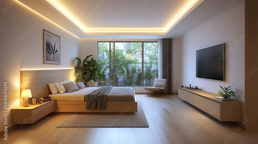 Fototapeta premium Modern bedroom design nature view interior decor serene environment minimalist concept