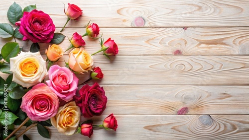 Overhead Rose Photography: Stunning Roses on Wooden Table - High Depth of Field Images