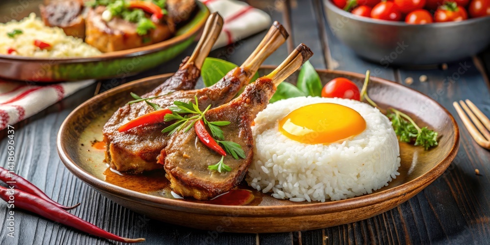 Pan Fried Lamb Rack with Curry, Rice, Sunny Side Up Egg and Chili Peppers - Hong Kong Cuisine Closeup Pan Fried Lamb Rack with Curry, Rice, Sunny Side Up Egg and Chili Peppers - Hong Kong Cuisine Closeup
