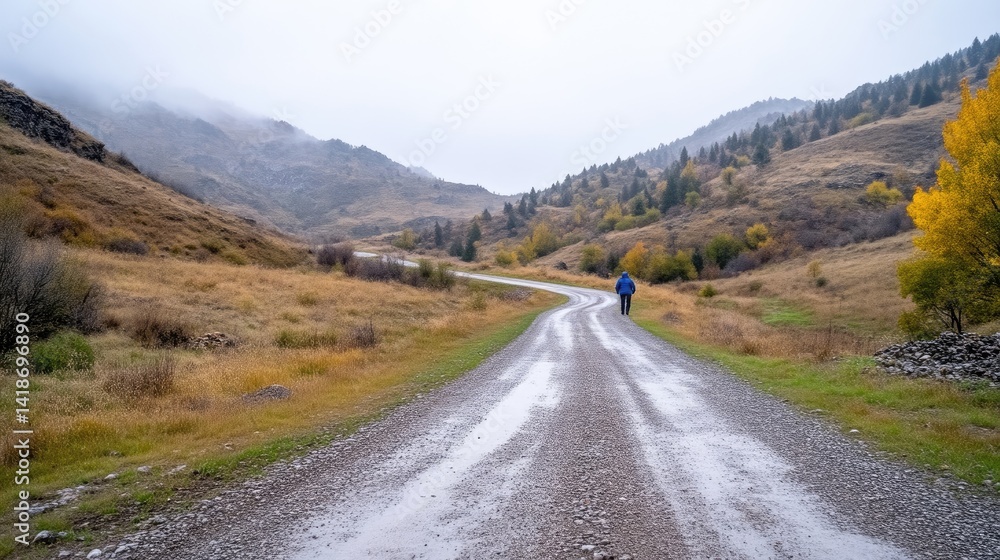 Fototapeta premium A lone cyclist riding on a winding dirt road through a picturesque autumn valley, surrounded by rolling hills and colorful foliage, and scenic journey concept.