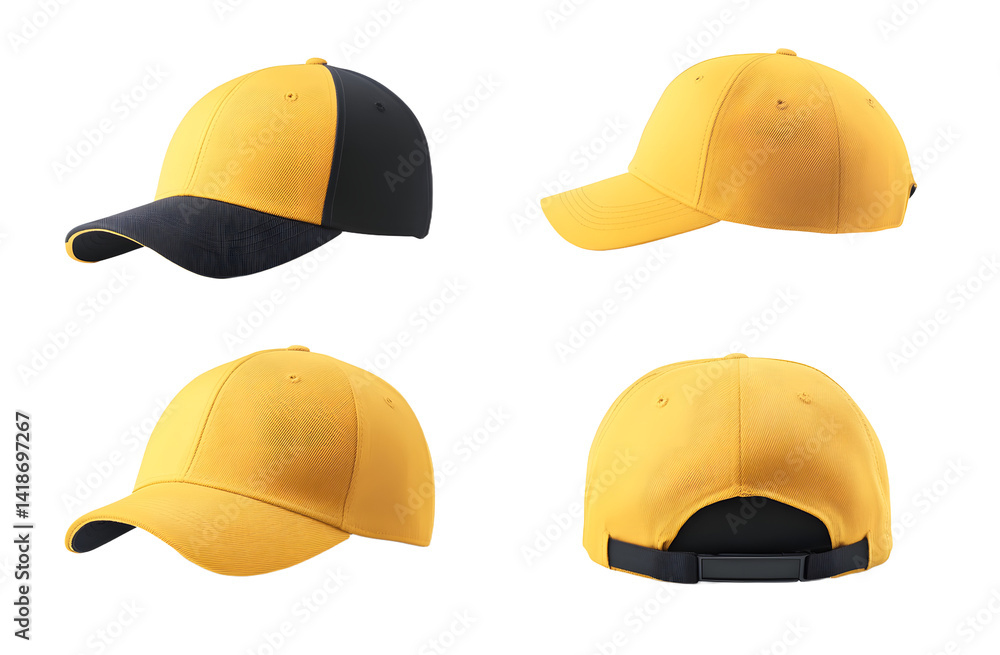 A collection of four angles showcasing a stylish yellow and black cap, ideal for casual wear or sports activities A collection of four angles showcasing a stylish yellow and black cap, ideal for casual wear or sports activities