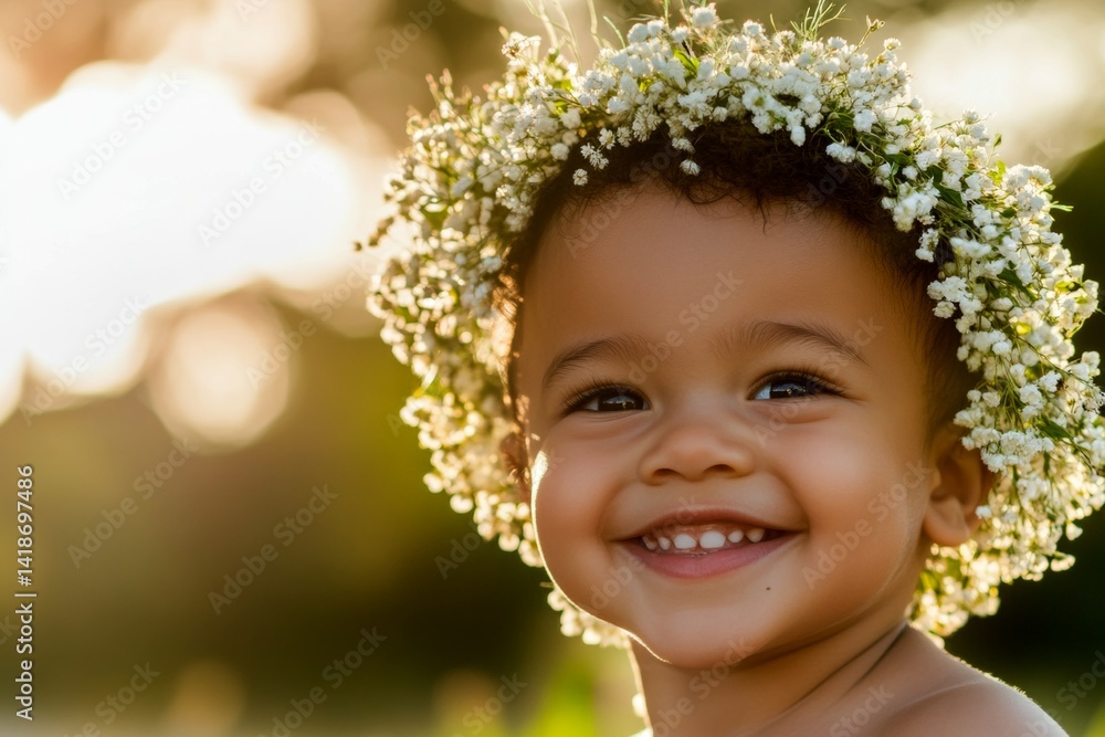 Smiling mixed-race infant boy with tt hair wearing white flower crown on his head. Happy summertime holidays concept art. Golden sunrise. Happy boy with a nature-inspired wreath. Smiling mixed-race infant boy with tt hair wearing white flower crown on his head. Happy summertime holidays concept art. Golden sunrise. Happy boy with a nature-inspired wreath.