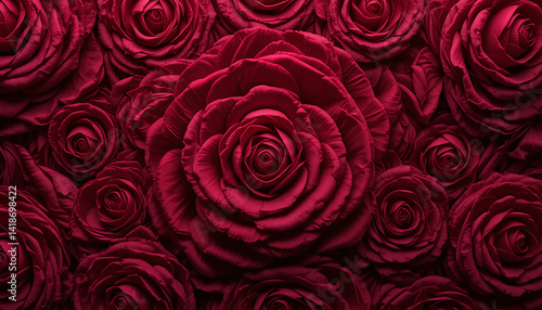 Fototapeta Naklejka Na Ścianę i Meble -  A dense arrangement of dark red roses filling the frame with a central large rose blossom