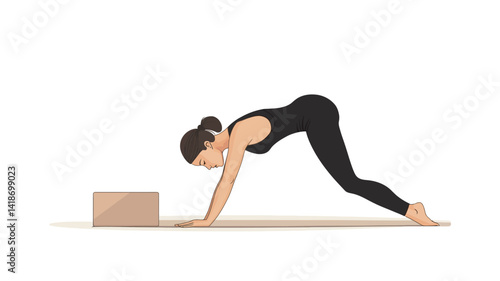 The image is a vector illustration depicting a woman performing an inverted plank yoga pose.  The woman is illustrated in a minimalist style with clean lines and flat coloring
