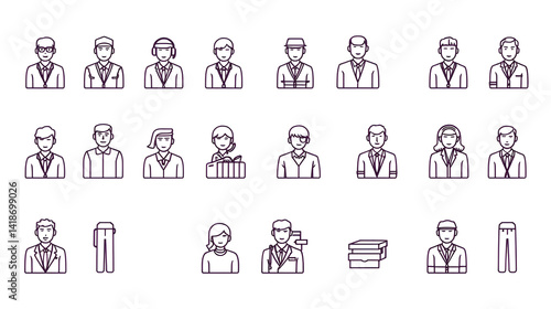 Coworkers outline icons collection. Colleagues, Collaborators, Teammates, Peers, Associates, Workmates, Comrades vector and illustration concept set. Annuitants, Partners, Classmates linear signs