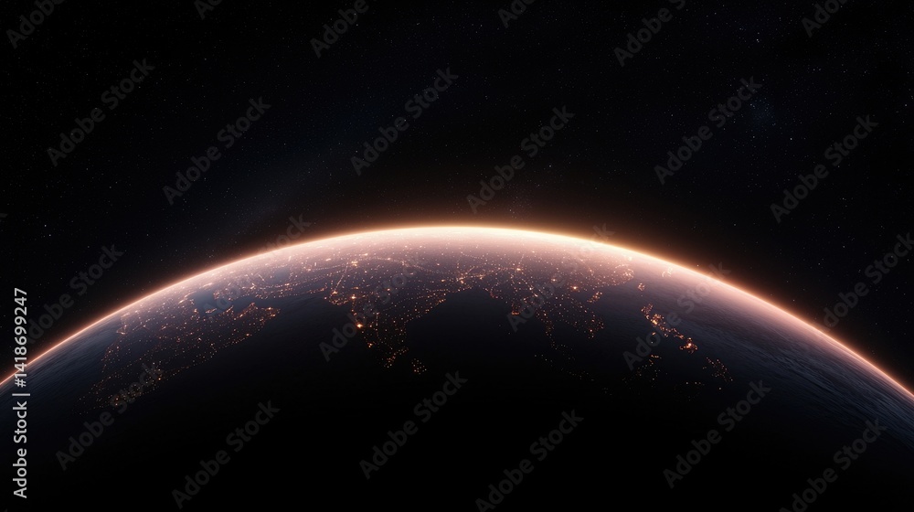Fototapeta premium Earth's luminous horizon in the vastness of space. A breathtaking view of our planet, bathed in the golden glow of sunrise or sunset, seen from a distant perspective in the cosmos.