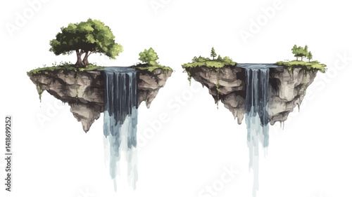 This digital painting depicts two stylized floating islands, each featuring a small waterfall cascading from its rocky edge. The islands are rendered with a painterly style