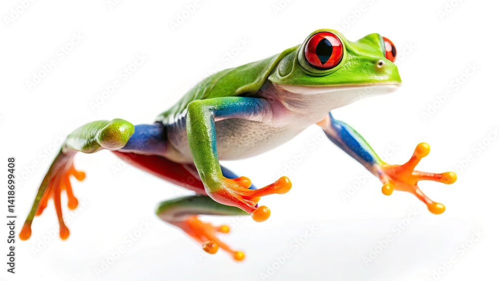 Fototapeta premium Red-Eyed Tree Frog Leap, Bokeh Background, Rainforest, Amphibian Jump, Night Photography, Wildlife Photo