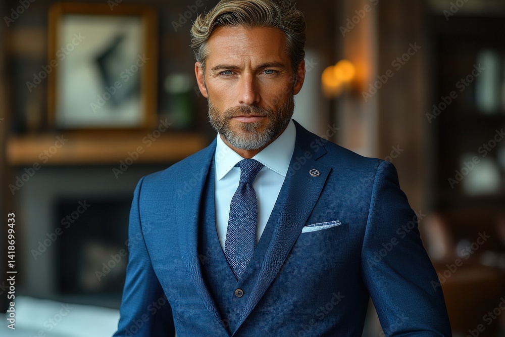 Confident man in a sharp blue suit, intense gaze Confident man in a sharp blue suit, intense gaze