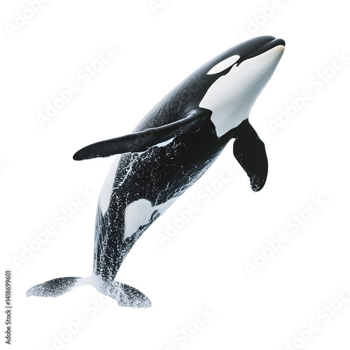 A majestic orca breaching the ocean surface, surrounded by shimmering water droplets under a clear blue sky