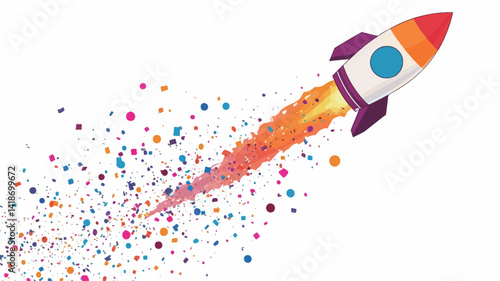 A stylized vector illustration of a rocket ascending against a white background. The rocket is rendered in a flat design style with predominantly purple, orange, and white hues.  Its trajectory is