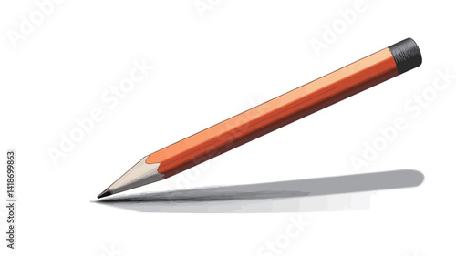 A high-resolution digital image depicting a single, sharpened orange pencil lying at a slight angle against a white background. The pencil exhibits a classic hexagonal barrel shape with a dark gray